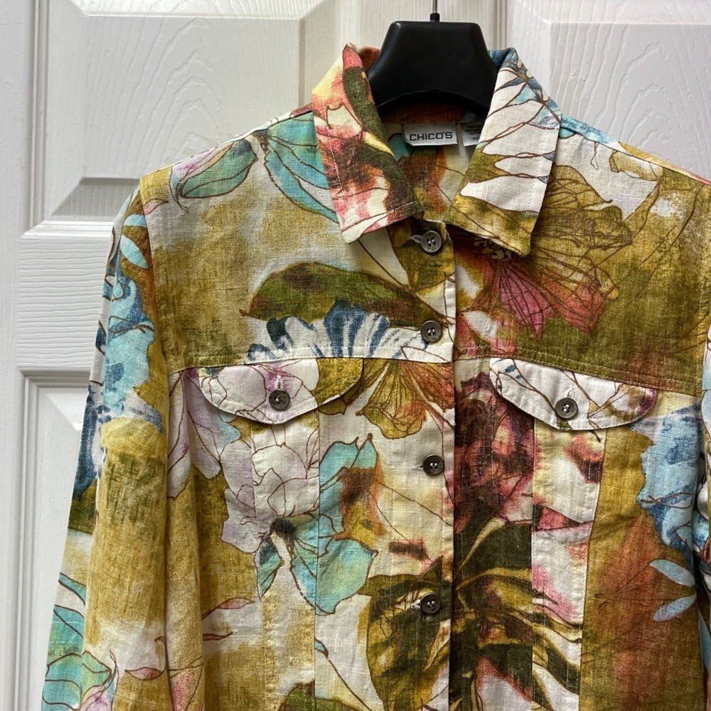 Vintage Chico's Sz 1 (M) Floral 100% Linen Shacket Shirt Jacket Lagen Artsy Boho